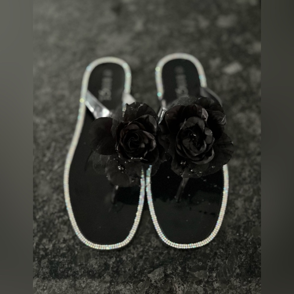 Rouge Helium Jelly Slide Black Rose Floral Sandals Women’s Size  10